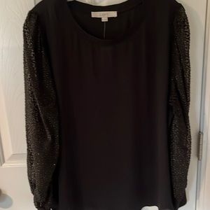 LOFT Black Blouse with Sparkle Sleeve Detail